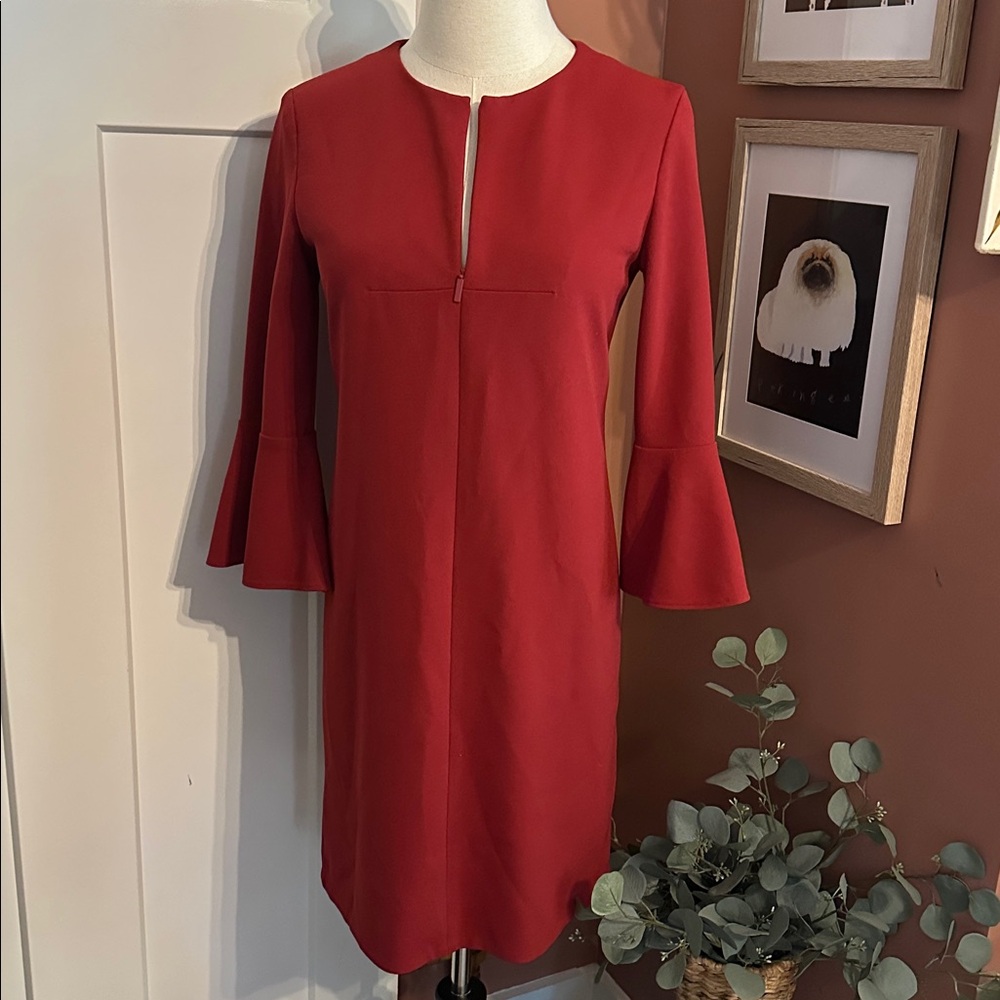 Tibi Brick Red Bell Sleeve Mini 0 Lined Dual Zippers Shift Polyester Blend Dress View 5